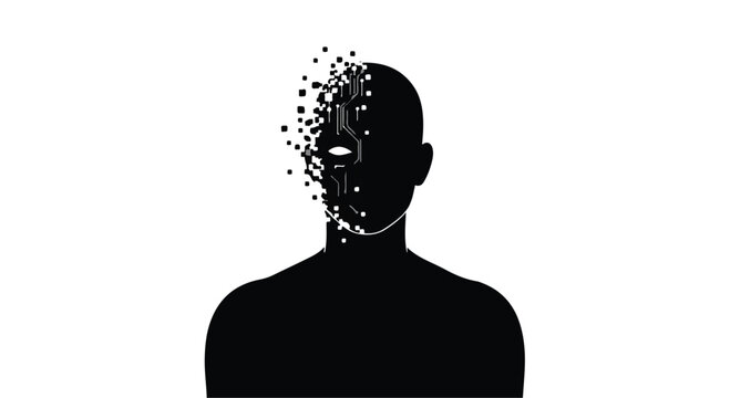 Abstract silhouette of a human head fragmenting into digital particles, representing loss of identity or data.