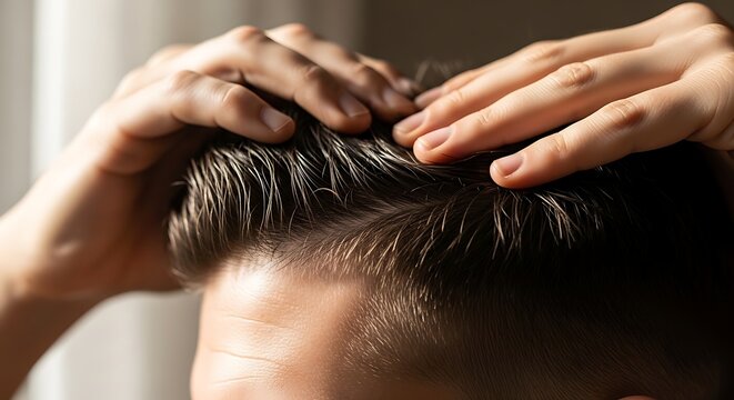 Close-up of a person's hands gently touching and styling their dark, healthy hair on the top of their head, highlighting hair care.
