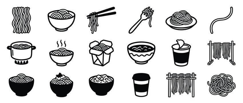 Collection of various black and white noodle and pasta icons in different forms and preparations