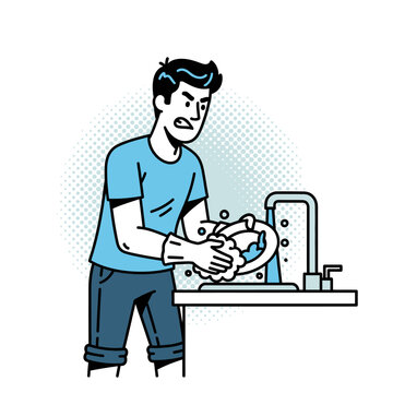 Man Washing Dishes with Displeased Expression