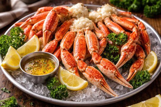 Fresh snow crab leg clusters plated with lemon wedges parsley and warm melted butter