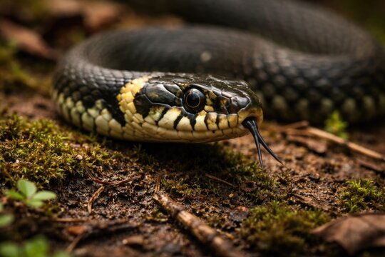 Close up view of a grass snake resting on a detailed textured surface