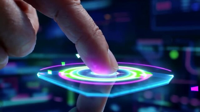 Cybernetic Lab Displays Luminous Holographic Controls With Vibrant Colors. Advanced Touch Activated Display Featuring Glowing Rings And Floating Geometric Shapes In Sci Fi Environment