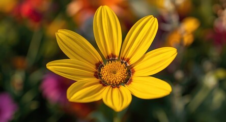 Obraz premium Yellow flower macro view showing detailed petals pistil and sepals in a colorful summer garden