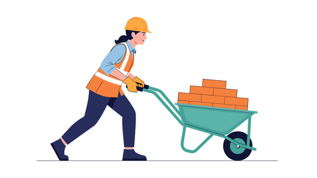 Female construction worker wearing a hard hat and safety vest while pushing a green wheelbarrow filled with several orange bricks.