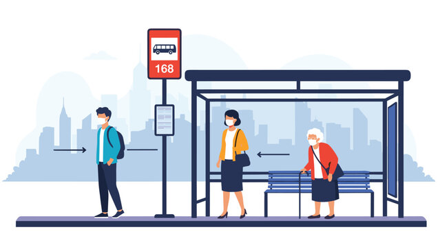 Group of people wearing medical masks and maintaining social distance while waiting at a city bus stop during a health pandemic event.