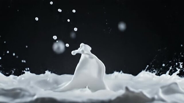 A white liquid splashes upwards and outwards creating a crown shape