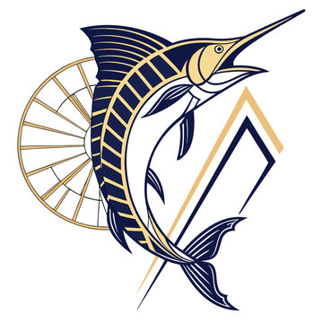 Nautical sailfish jumping out of water with wheel and geometric shapes