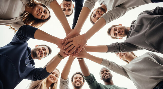 Group of business professionals putting hands together in a circle perfect for teamwork and unity concepts