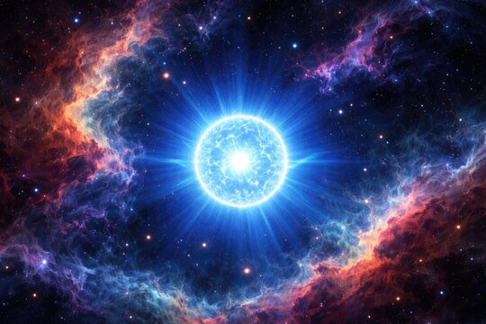 A vivid blue dwarf star shining brightly in a colorful nebula background