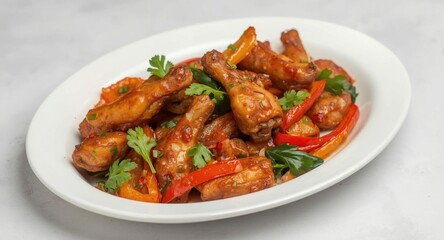 Fototapeta premium Tasty chicken wings stir fry with vibrant bell peppers and fresh greens in a white dish on a plain surface