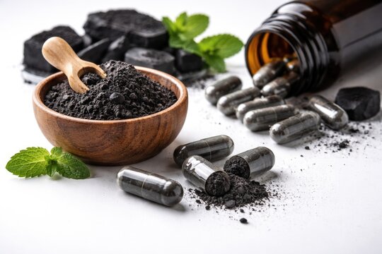 Natural health supplement charcoal capsules detoxify and aid digestion on white background