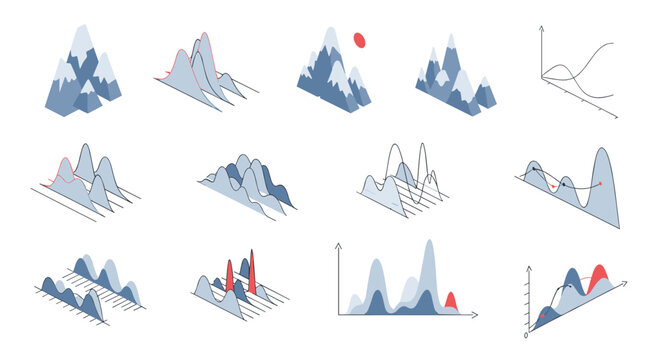 Creative set of data visualization graphics, area charts, and mountain landscapes for business presentations and analytical reports on white.