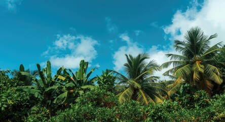 Fototapeta premium Tropical atmosphere featuring dense banana tree foliage beneath a clear vibrant blue sky with white clouds