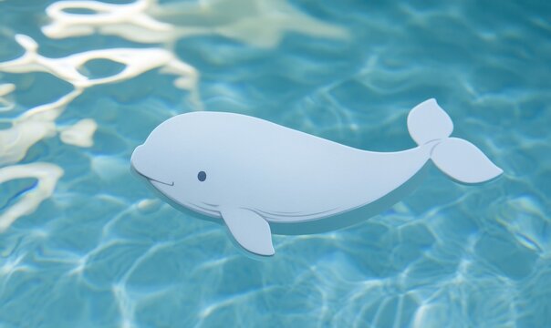 Ilustra&ccedil;&atilde;o ador&aacute;vel de uma baleia beluga branca nadando calmamente em &aacute;guas azuis cristalinas com reflexos de luz solar na superf&iacute;cie ondulada.