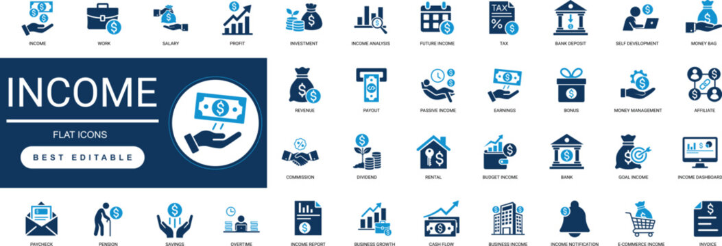 income solid icon set. money, profit, revenue, earnings, salary, investment, finance. editable vector illustration collection set.