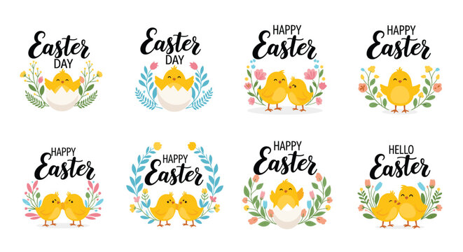 Set of Easter themed labels and stickers featuring cute yellow chicks with eggs, flowers, and wreaths for holiday greetings and decorations.