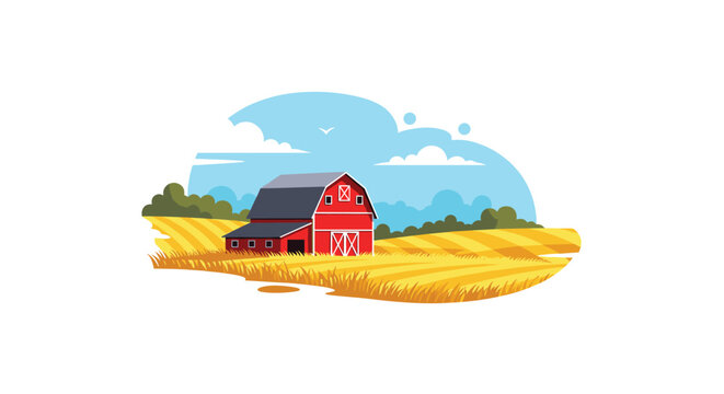 Picturesque landscape illustration of a classic red barn situated in a vast golden wheat field under a bright blue sky with fluffy clouds.