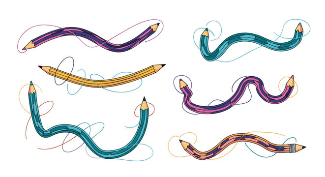 Playful collection of colorful wiggly and bendy cartoon pencils with swirly lines for creativity, art, and educational design concepts.