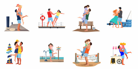 Fototapeta premium Collection of romantic young couples enjoying summer activities and dates at a wooden pier by the sea, including hugging, dancing, and fishing.