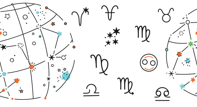 Decorative map of the night sky featuring various zodiac signs, constellations, and astronomical symbols in a minimalist hand drawn style.