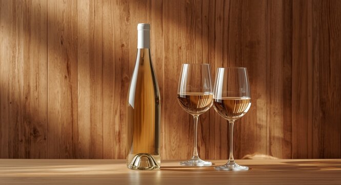 White wine bottle neck and glasses set on natural wood texture with clear copy space for promotion
