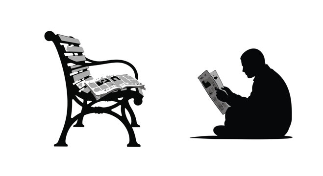 Silhouette of a person reading a newspaper on the ground next to an empty park bench.