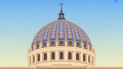 Fototapeta premium Large blue and gold dome building with cross on top against clear sky religious architecture concept