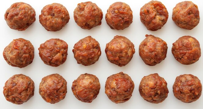 Tasty big beef meatballs arranged neatly and standing out on a bright white surface