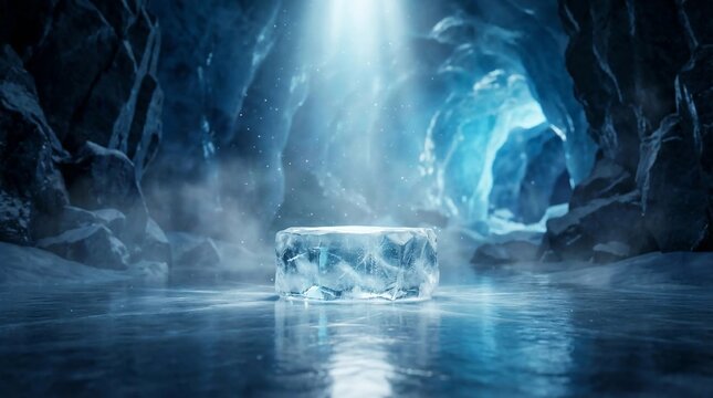 ice block podium in frozen crystal cave with ethereal light and mist for product display