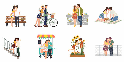 Fototapeta premium Set of romantic couple illustrations showing man and woman whispering, dating, and enjoying various outdoor activities like picnics, cycling, and park walks.