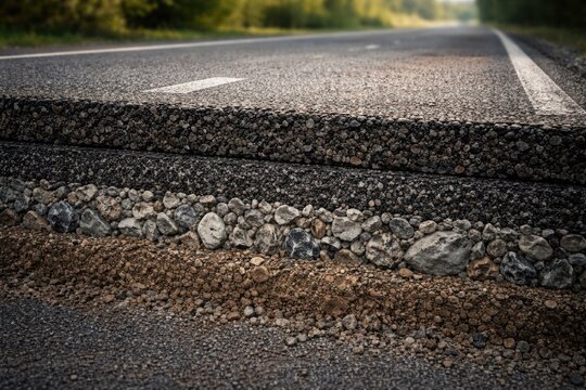 Detailed cross section view of asphalt road with visible tarmac texture and layered aggregate materials