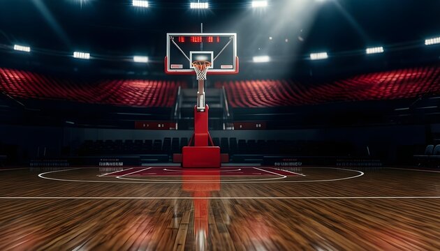 Empty basketball court with bright lights and red seating, ready for game day