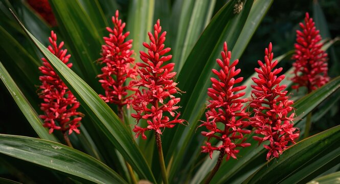 Tropical floral display of red Spathodea blossoms with a wide copy space foreground