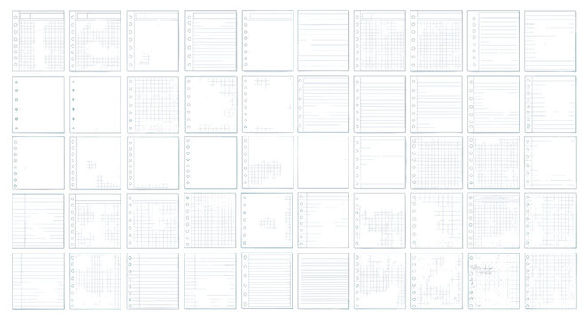 Detailed grid collection of various blank paper and notebook page templates for school and office organization.