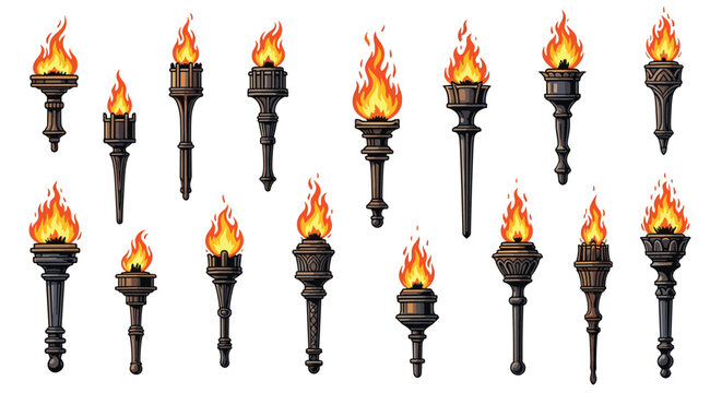 Set of medieval style torches with flickering flames and different handle designs, illustrated in a detailed pixel art or graphic style.