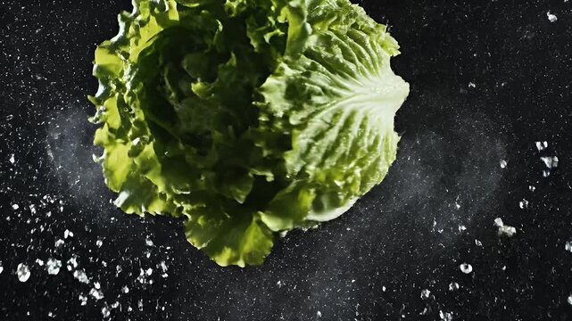 Fresh green lettuce head glistening with water droplets against a dark background