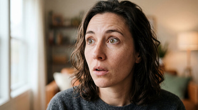 Startled woman's wide eyes capture a fleeting moment of pure astonishment within her sunlit living space