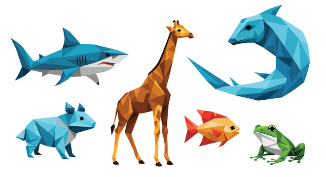 Group of various animals including a shark, giraffe, frog, and fish, created in a modern low poly geometric style with vibrant colors.