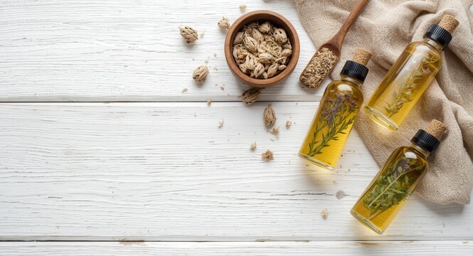 White wooden rustic table holding glass bottles of herbal tinctures with dried botanical ingredients