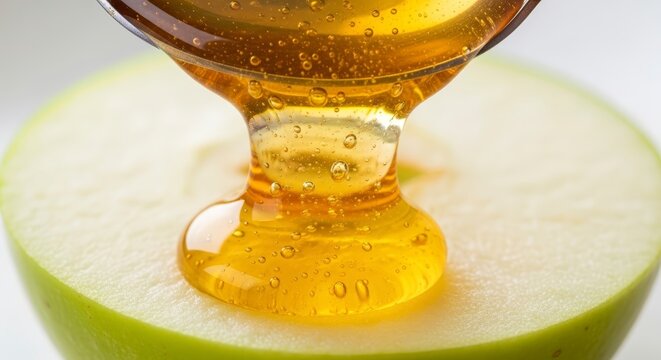 Honey pouring on apple slice sweet.