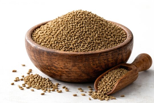 Natural carom seeds ajwain displayed in a rustic wooden bowl on white background for cooking and wellness