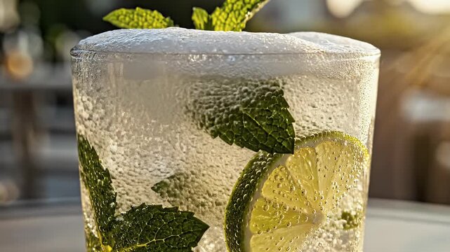 Bubbles fizzing in a glass with mint leaves, liquid pouring in