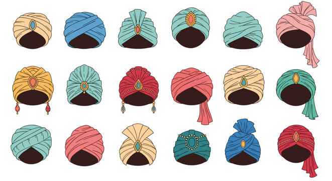Collection of various colorful turbans and headwraps with decorative jewels and ornaments displayed on a white background.