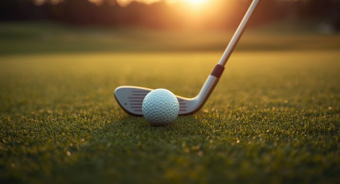 Close up of golf ball and club on a rich green fairway bathed in evening sunlight
