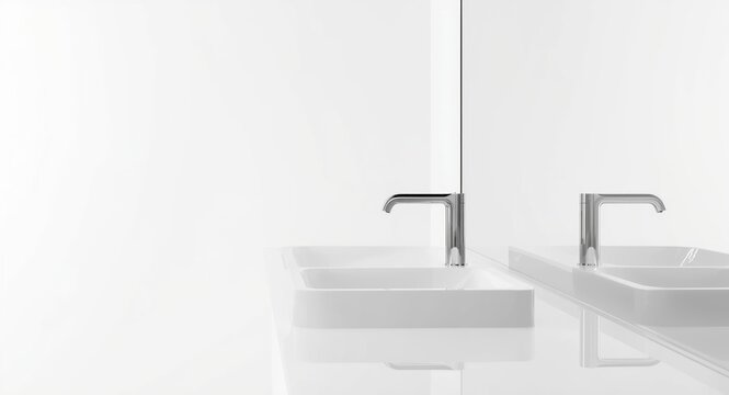 stylish white bathroom sink with a streamlined faucet on a pure white backdrop
