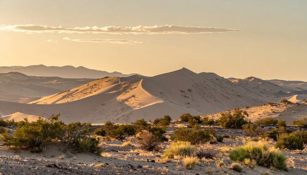 Vista panor&acirc;mica de dunas de areia dourada no deserto sob luz suave do p&ocirc;r do sol, com montanhas ao fundo e arbustos secos espalhados pela paisagem.