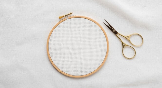 White Aida fabric as base for minimalist cross stitch flat lay with wooden hoop needle and scissors