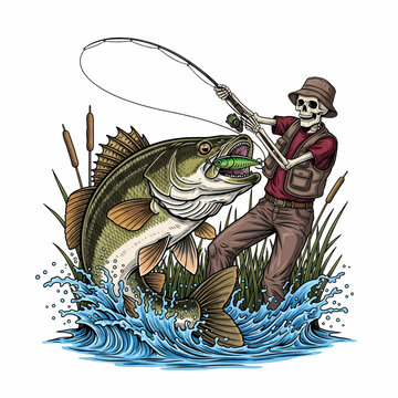 Skeleton fisherman catching big walleye fish in the river