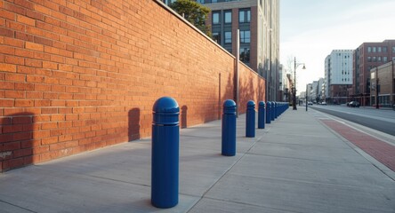 Fototapeta premium Clear sky urban setting with red brick wall and blue bollards on paved sidewalk featuring copy space